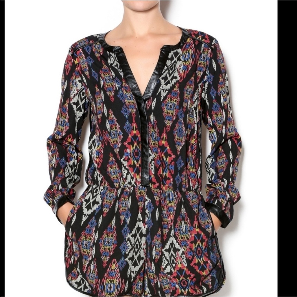 Mustard Seed NWT Baddie Boujee Boho faux leather trim Long Sleeve romper medium